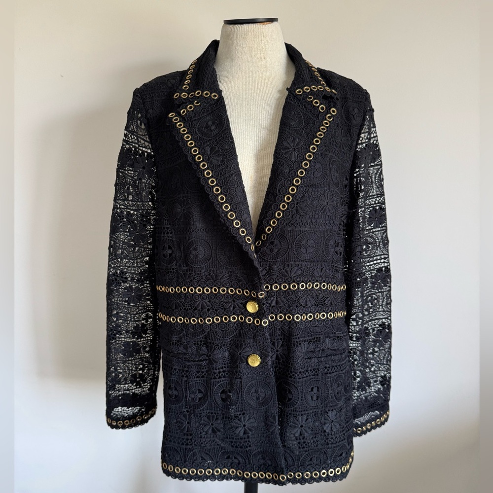 BOSTON PROPER Black Lace Blazer Coat Punk Gold Grommets Suit Jacket 18 NWOT